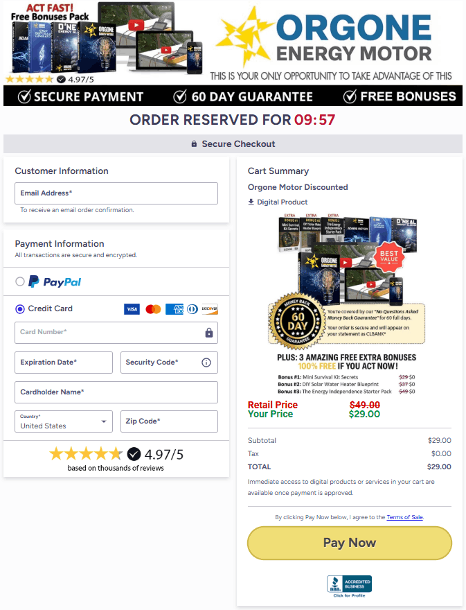 orgone energy motor checkout page pricing